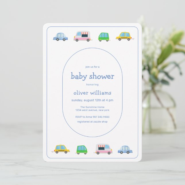 Invitation Douce Fête de Naissance de Bébé avec Véhicule Colo (Debout devant)