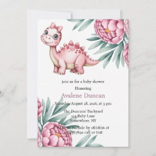 Invitation Douce Fête de Naissance de Bébé Fille avec un Dino