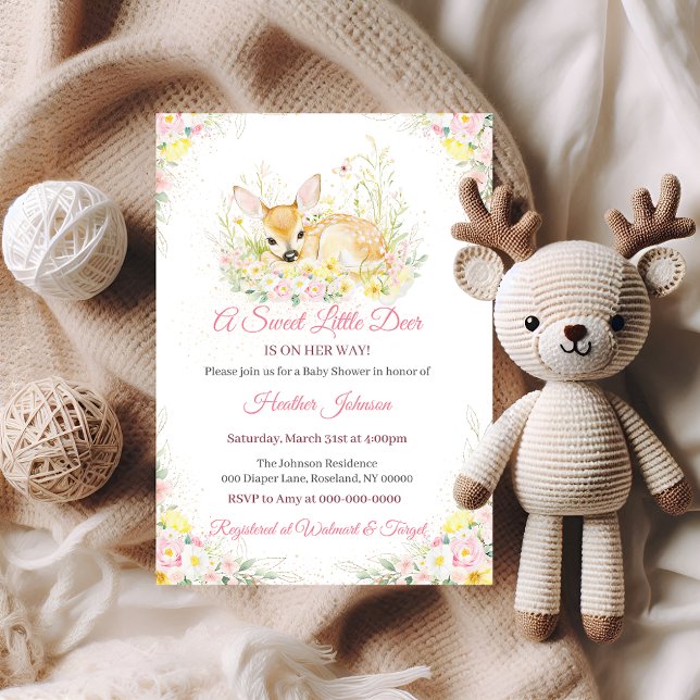 Invitation Douce Fête de Naissance de Cerf Floral Rose (Créateur téléchargé)