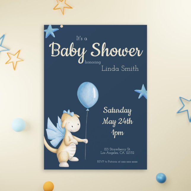 Invitation Douce Fête de Naissance de Dragon Bleu Minuit (Cute navy blue dragon baby shower invitation exclusive by Kinda Cute by Patricia Alvarez)