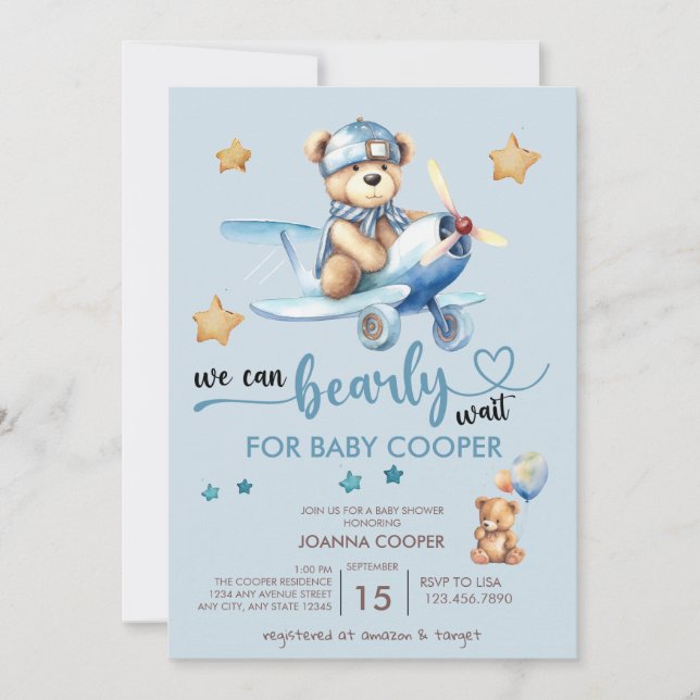 Invitation Douce Fête de Naissance de Garçon | Ours en Peluch (Devant)