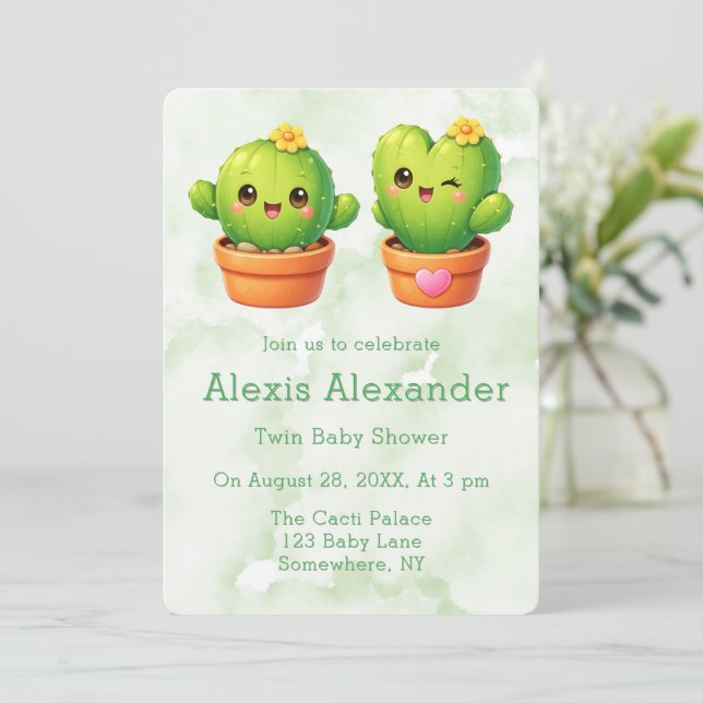 Invitation Douce Fête de Naissance de Jumeaux Cactus (Debout devant)