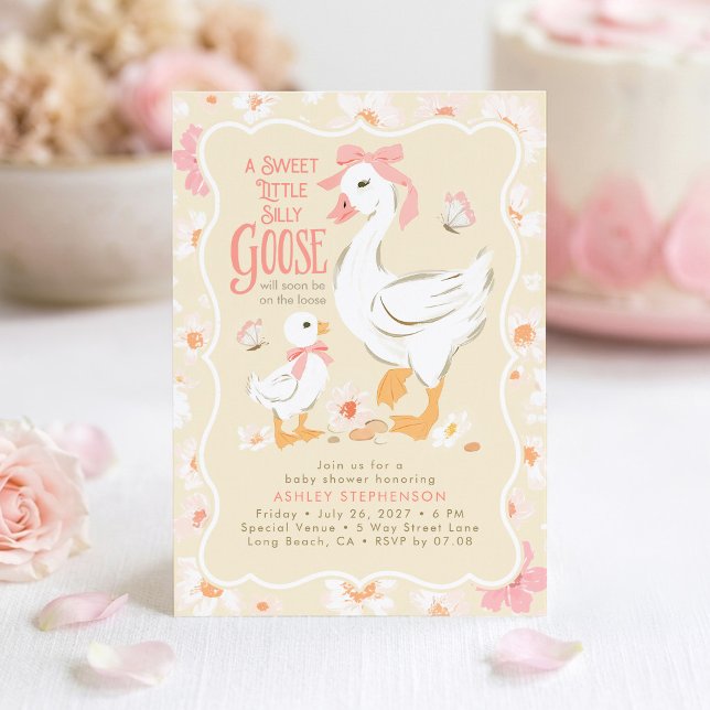 Invitation Douce Fête de Naissance de la Petite Oie Rose (A Little Silly Goose Will Soon Be On The Loose Invitation)
