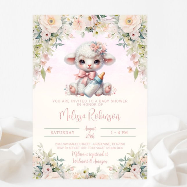 Invitation Douce Fête de Naissance de l'Agneau Rose Foncé Flo (Créateur téléchargé)