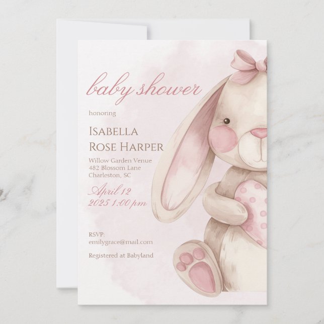 Invitation Douce Fête de Naissance de Lapin Aquarelle Rose (Devant)