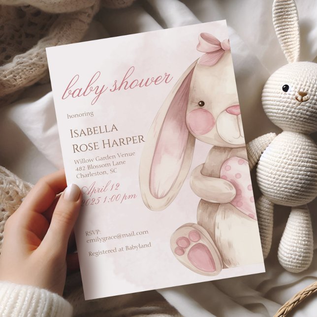 Invitation Douce Fête de Naissance de Lapin Aquarelle Rose (Créateur téléchargé)