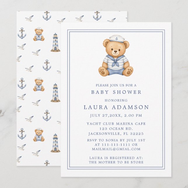 Invitation Douce Fête de Naissance de Marin Ourson Mignon (Devant / Derrière)