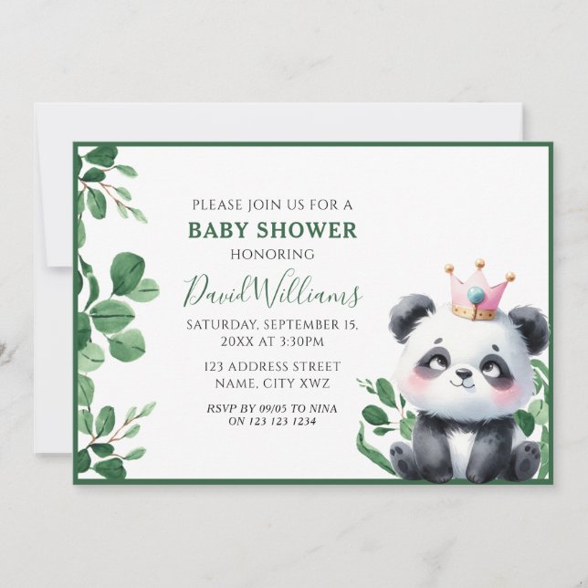 Invitation Douce Fête de Naissance de Panda avec Végétation,  (Devant)