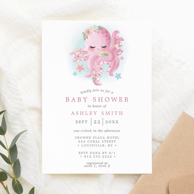 Invitation Douce Fête de Naissance Fille Pieuvre Rose Aquarel (Créateur téléchargé)