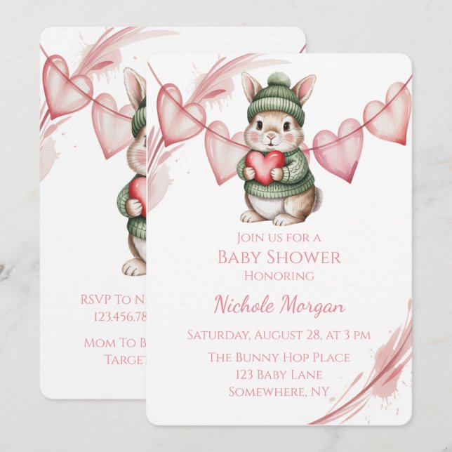 Invitation Douce Fête de Naissance Lapin Aquarelle  (Devant / Derrière)