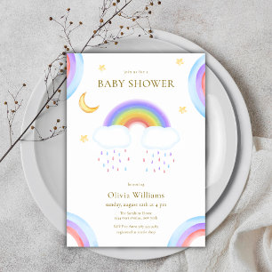 Invitation Douce Fête de Naissance Lune Étoile Arc-en-Ciel Aq