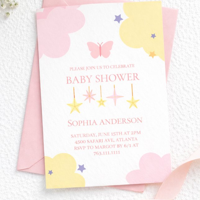 Invitation Douce Fête de Naissance Nuages Étoiles Rose Jaune  (Créateur téléchargé)