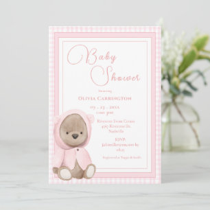 Invitation Douce Fête de Naissance Ours Rose Gingham