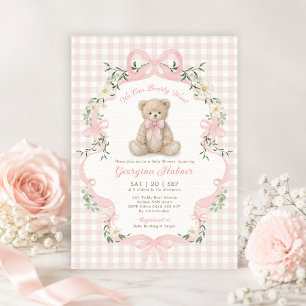 Invitation Douce Fête de Naissance Ourse en Vichy Rose
