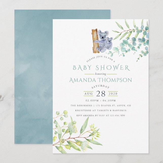 Invitation Douce Fête de Naissance Ourson Koala aux Feuilles  (Devant / Derrière)