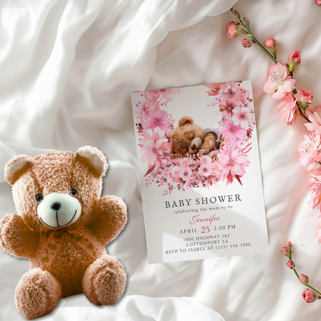Invitation Douce Fête de Naissance Ourson Rose Floral Endormi (Créateur téléchargé)