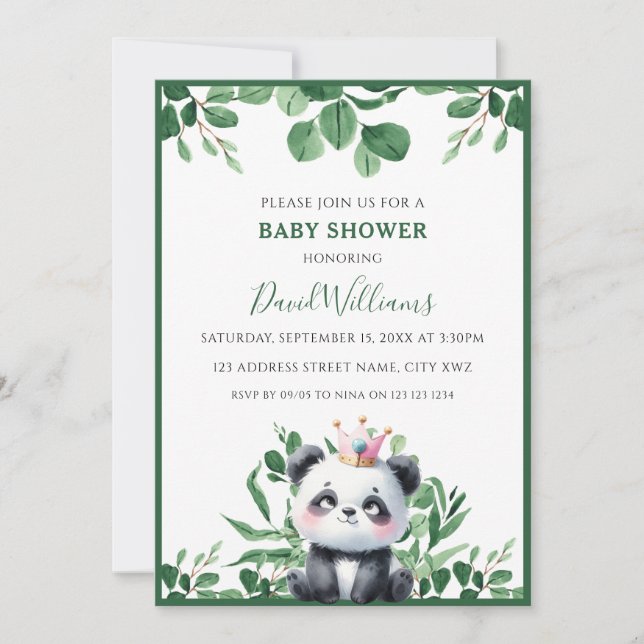 Invitation Douce Fête de Naissance Panda avec Feuillage et Ve (Devant)