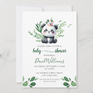 Invitation Douce Fête de Naissance Panda avec Feuillage, Genr