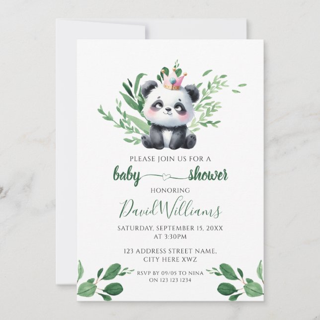 Invitation Douce Fête de Naissance Panda avec Feuillage, Genr (Devant)