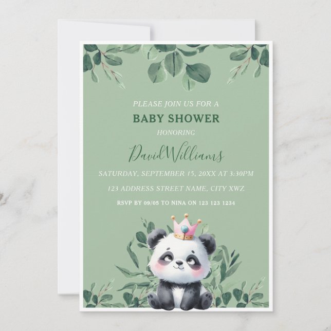 Invitation Douce Fête de Naissance Panda avec Feuillage Vert (Devant)