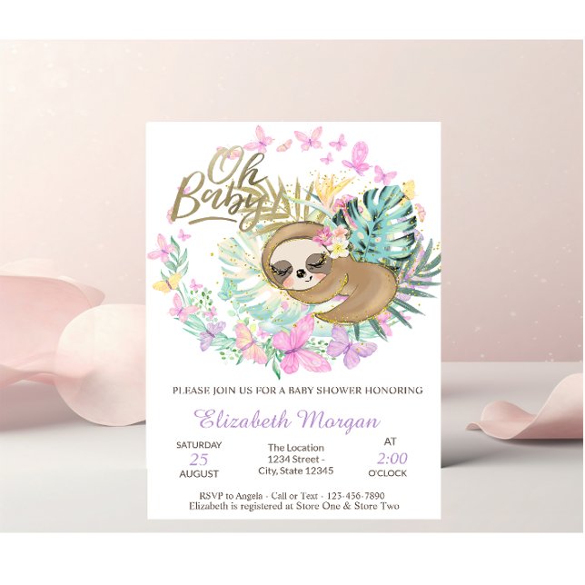 Invitation Douce Fête de Naissance Paresseux Dormant Papillon (Créateur téléchargé)