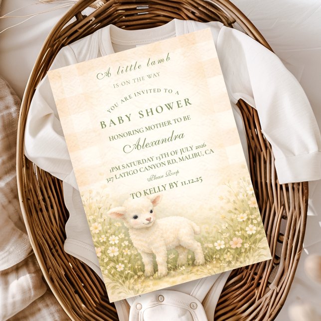 Invitation Douce Fête de Naissance Petite Agneau Prairie Fleu (Créateur téléchargé)