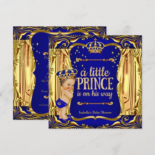 Invitation Douce Fête de Naissance Prince Bleu Or Prince Brun (Devant / Derrière)