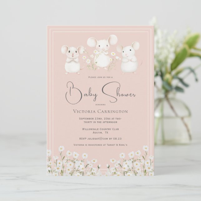 Invitation Douce Fête de Naissance Rose Souris Mignonnes & Ma (Debout devant)