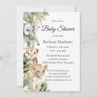 Invitation Douce Fête de Naissance Safari Animaux Bébés Aquar