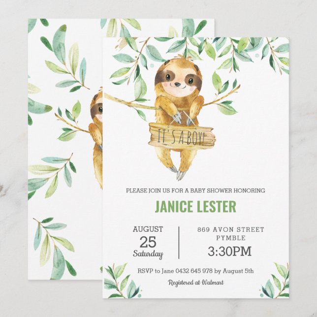 Invitation Douce Fête de Naissance Sloth Garçon avec Feuillag (Devant / Derrière)