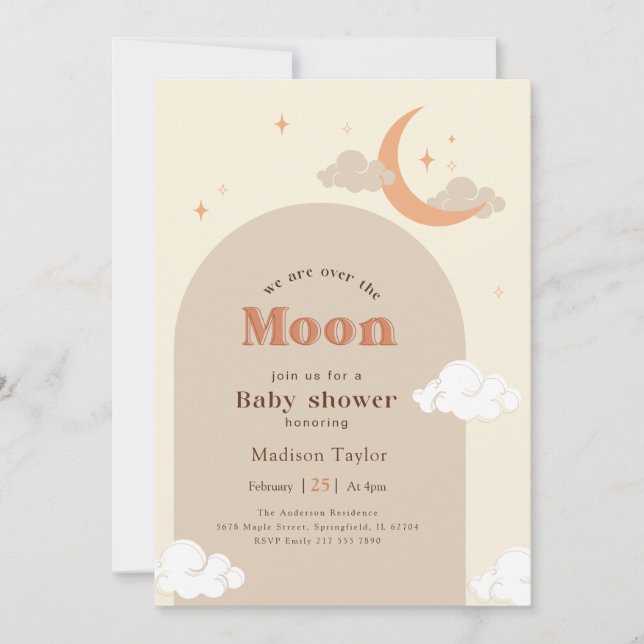 Invitation Douce Fête de Naissance sous la Lune et les Étoile (Devant)