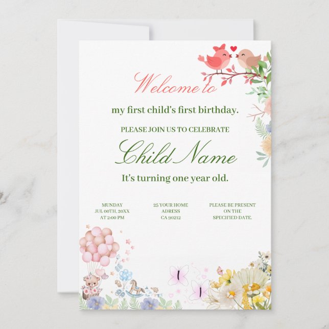 Invitation Douce fête de naissance Teddy Love Birds Premier A (Devant)