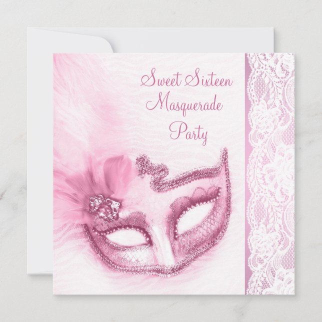 Invitation Douce fête de seize ans rose masquée (Devant)
