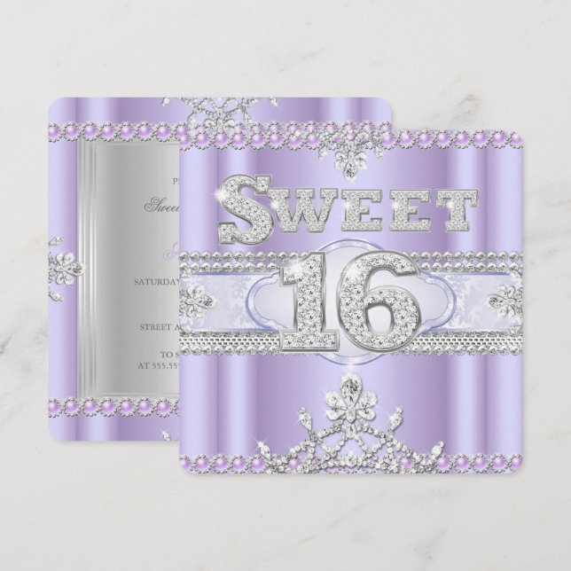 Invitation Douce Fête des 16 ans Diamant Violet Lilas (Devant / Derrière)