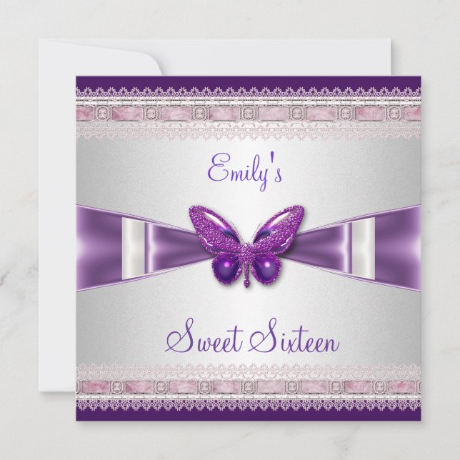 Invitation Douce Fête des 16 ans Papillon Blanc Violet (Devant)