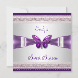 Invitation Douce Fête des 16 ans Papillon Blanc Violet