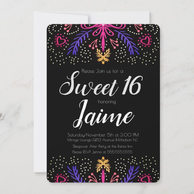 Invitation Douce Fête des Seize Ans Floral Chic à Points (Devant)
