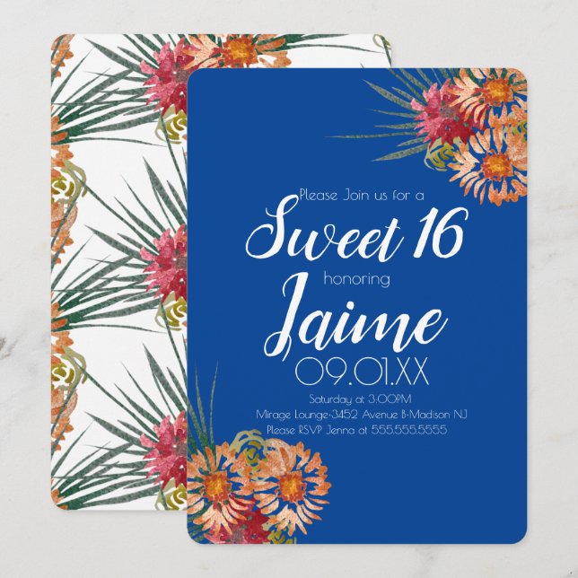 Invitation Douce Fête des Seize Ans Tropical Aquarelle Floral (Devant / Derrière)