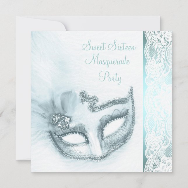 Invitation Douce Fête Masquée Bleu Turquoise pour Seize Ans (Devant)
