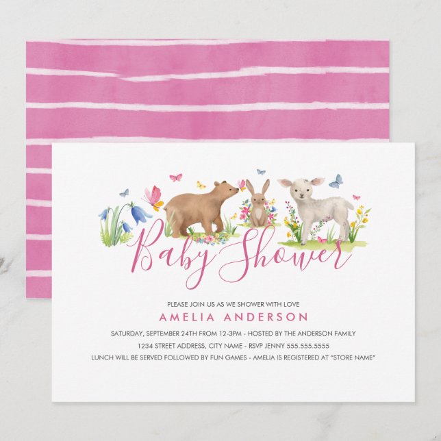 Invitation Douce Fête Prénatale d'Animaux de la Forêt (Devant / Derrière)
