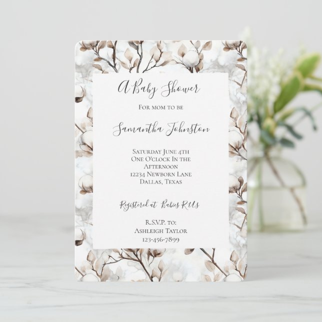 Invitation Douce Fête Prénatale d'Arbre Fleurissant Blanc Rom (Debout devant)