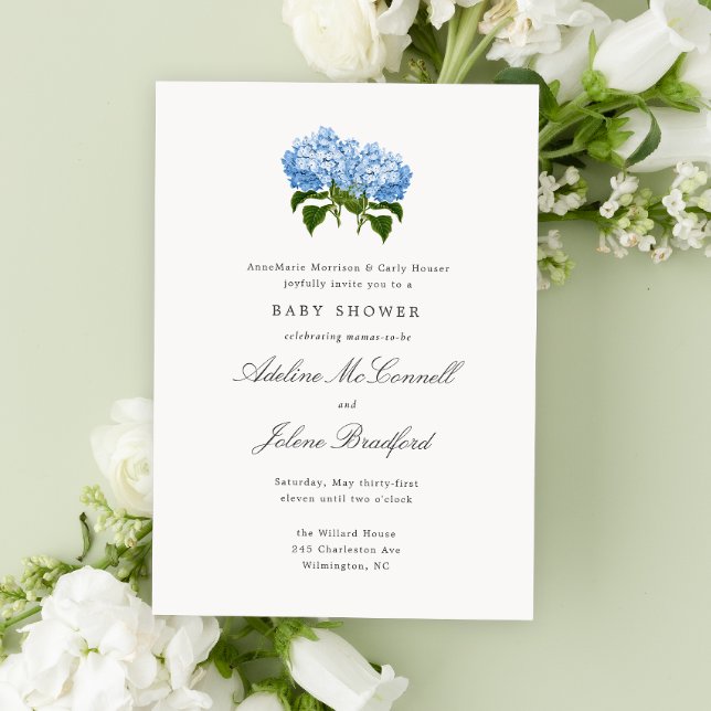 Invitation Douce Fête Prénatale Double Grandmillennial Hydran (Double baby shower with blue hydrangea flowers and traditional fonts for grand millennial style)