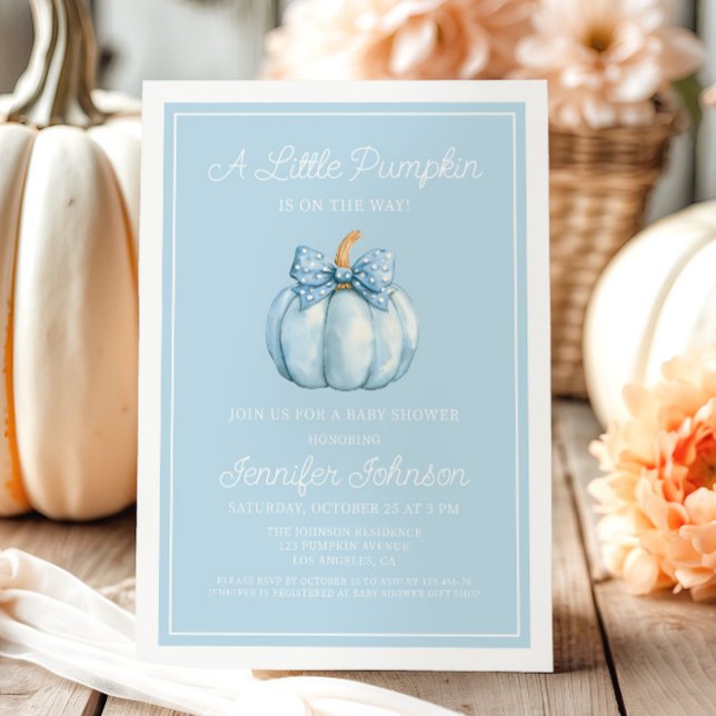 Invitation Douce Fête Prénatale pour un Petit Garçon Citrouil (Cute Blue A Little Pumpkin Boy Baby Shower Invitation)