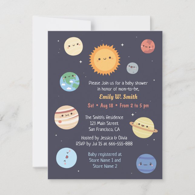 Invitation Douce Fête Prénatale Système Solaire Soleil Planèt (Devant)