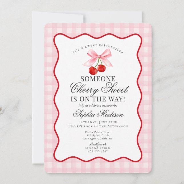 Invitation Douce Fête Rose Cerise Coquette Ruban Gingham Baby (Devant)
