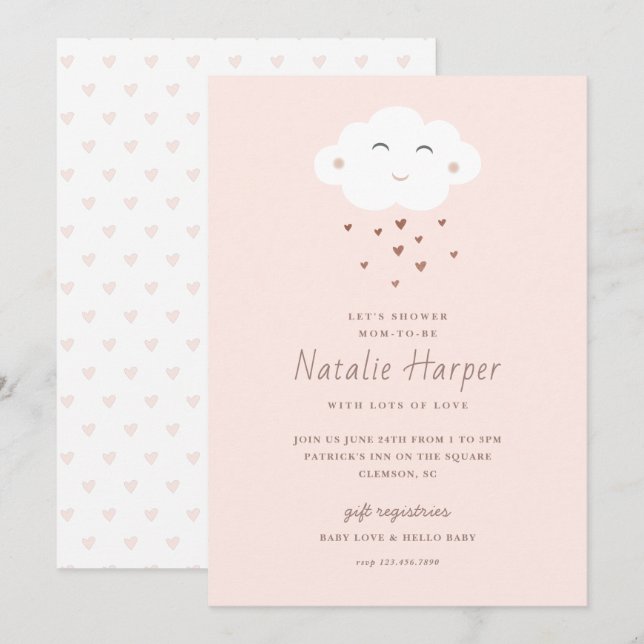 Invitation Douce Fête Rose pour Bébé Nuage (Devant / Derrière)