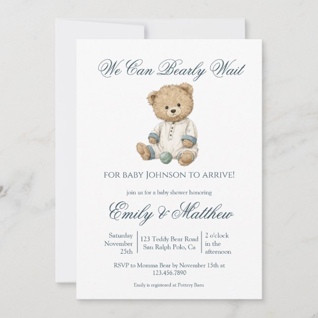 Invitation Douce Fête Simple Ours Baby Shower  (Devant)
