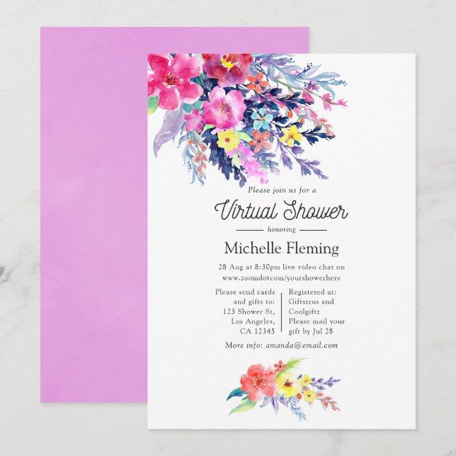 Invitation Douce Fête Virtuelle de Bébé aux Fleurs Aquarelles (Devant / Derrière)