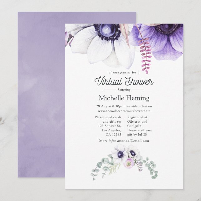 Invitation Douce Fête Virtuelle de Bébé Fleurie Aquarelle Vio (Devant / Derrière)