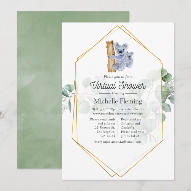 Invitation Douce Fête Virtuelle de Bébé Koala Eucalyptus (Devant / Derrière)
